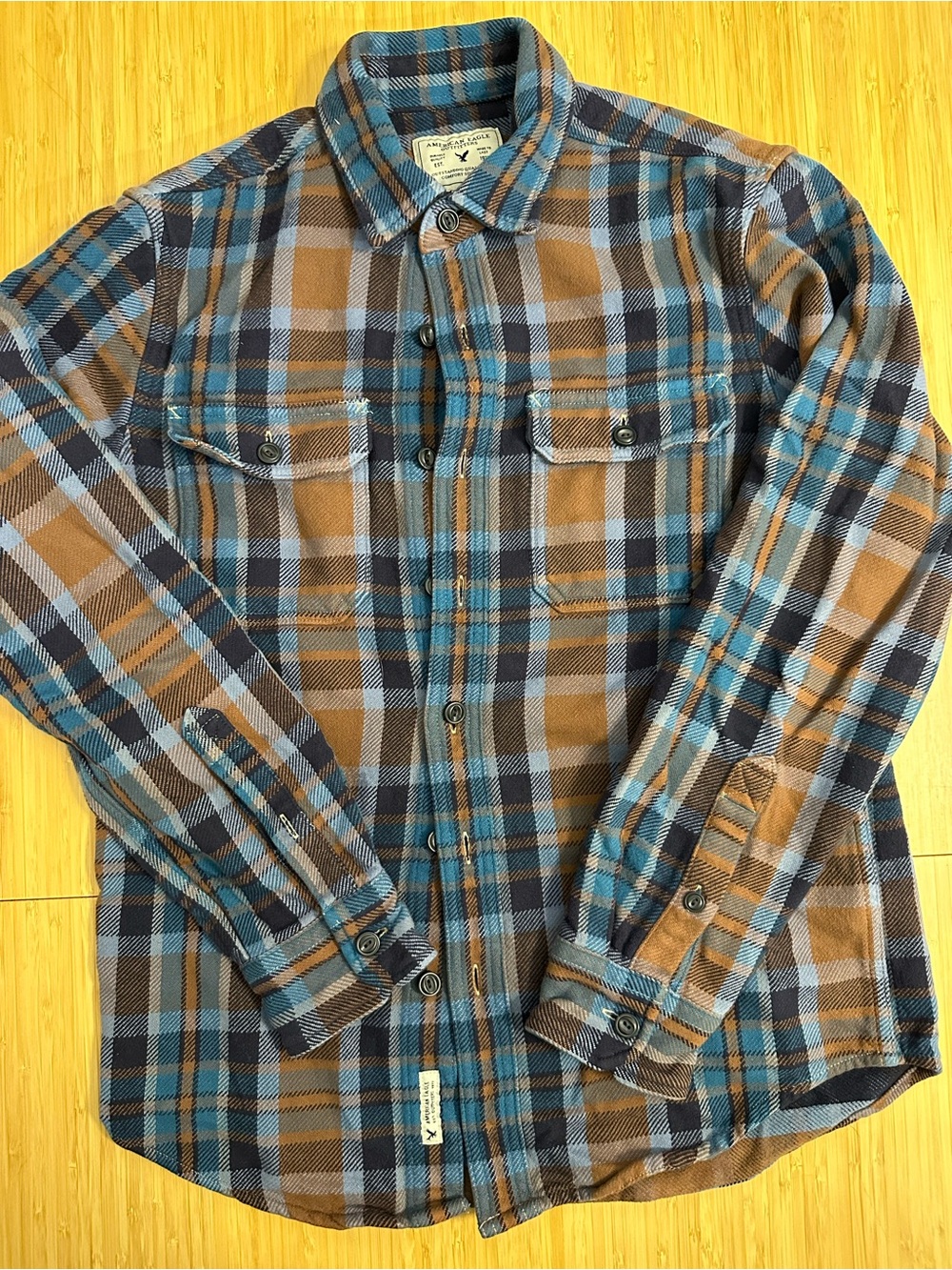 Men's Brown & Blue Plaid Flannel Button-Up Shirt- American Eagle
